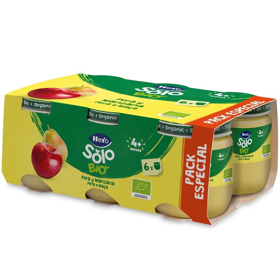 Organic Pear and Apple puree, + 4 months, 6 pcs, x 120 g, Hero Baby