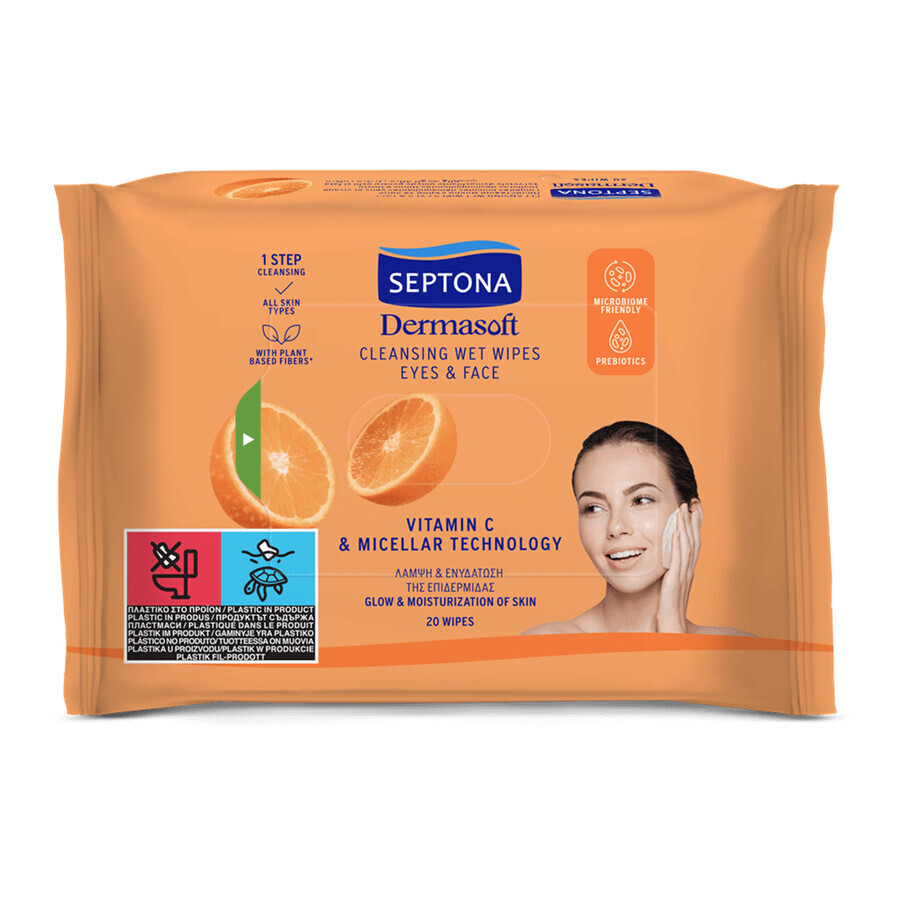 Lingettes nettoyantes Dermasoft Vitamine C et technologie micellaire, 20 pièces, Septona