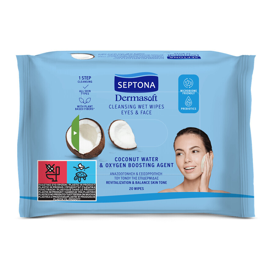 Dermasoft Coconut Water & Oxygen Boosting Cleansing Wipes, 20 pieces, Septona