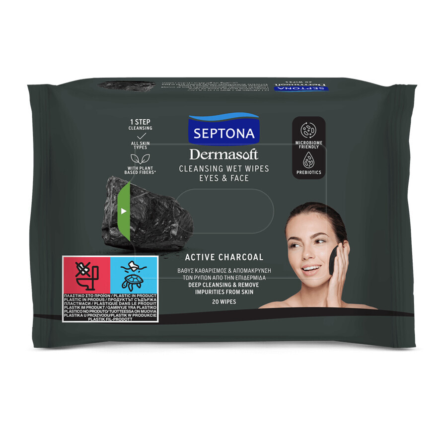 Dermasoft Activated Carbon Cleansing Wipes, 20 pieces, Septona