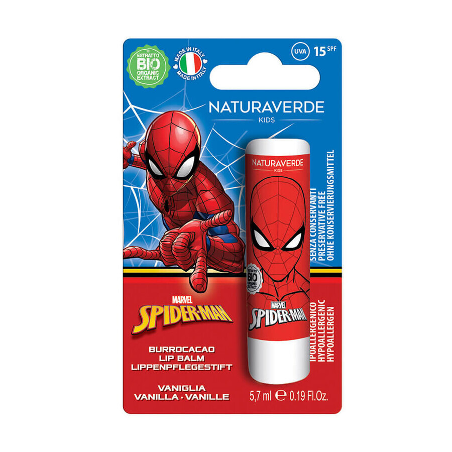 Lip balm with SPF 15 and vanilla fragrance Spiderman, +3 years, 5.7 ml, NaturaVerde