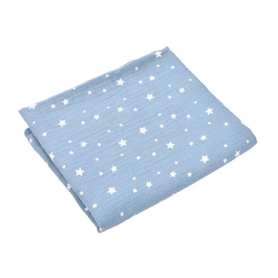 Organic cotton muslin with white stars, 75x75 cm, Bleu