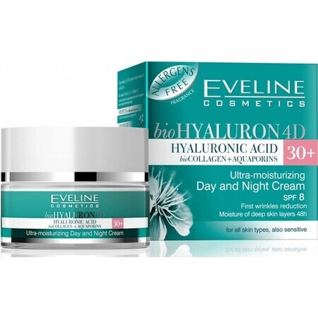 Eveline Hyaluron Clinic Crema de Día y Noche 30+ 1×50 ml, crema profundamente hidratante para las primeras arrugas