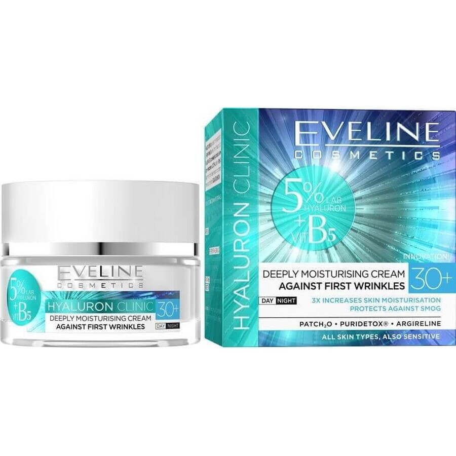 Eveline Hyaluron Clinic Crema de Día y Noche 30+ 1×50 ml, crema profundamente hidratante para las primeras arrugas