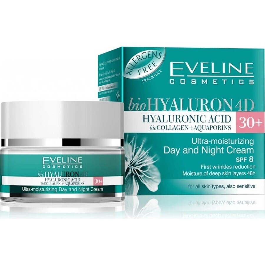 Eveline Hyaluron Clinic Crema de Día y Noche 30+ 1×50 ml, crema profundamente hidratante para las primeras arrugas