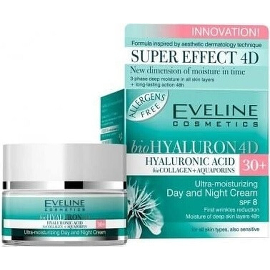 Eveline Hyaluron Clinic Crema de Día y Noche 30+ 1×50 ml, crema profundamente hidratante para las primeras arrugas