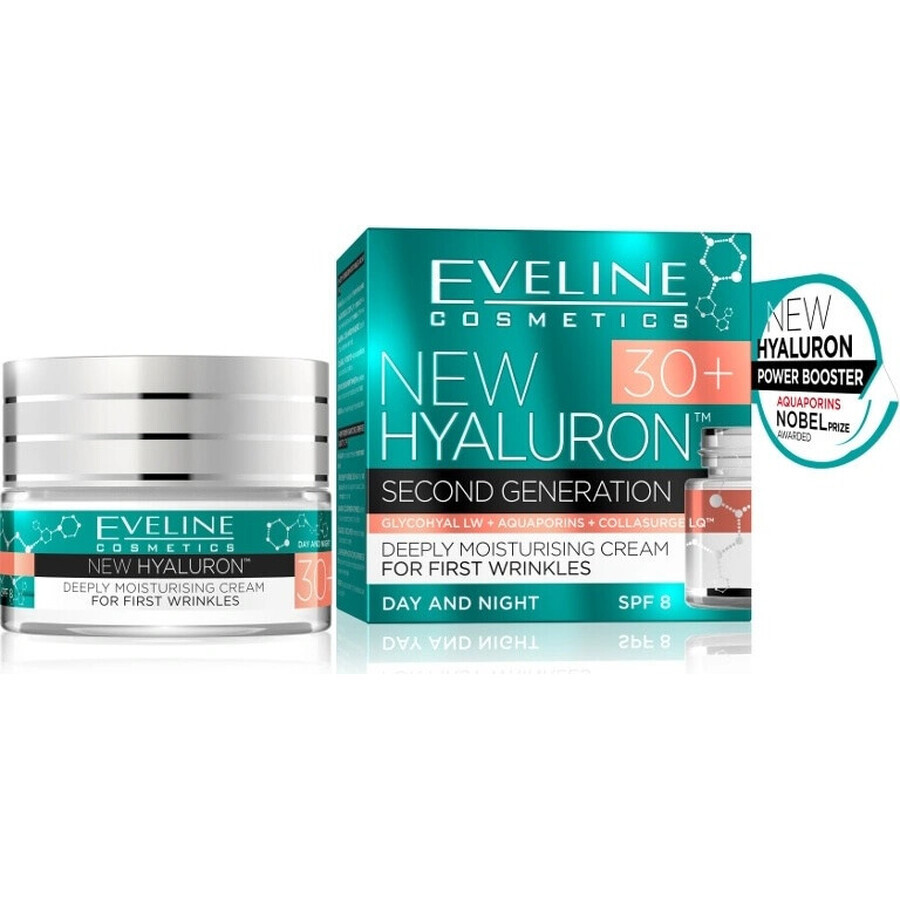 Eveline Hyaluron Clinic Crema de Día y Noche 30+ 1×50 ml, crema profundamente hidratante para las primeras arrugas