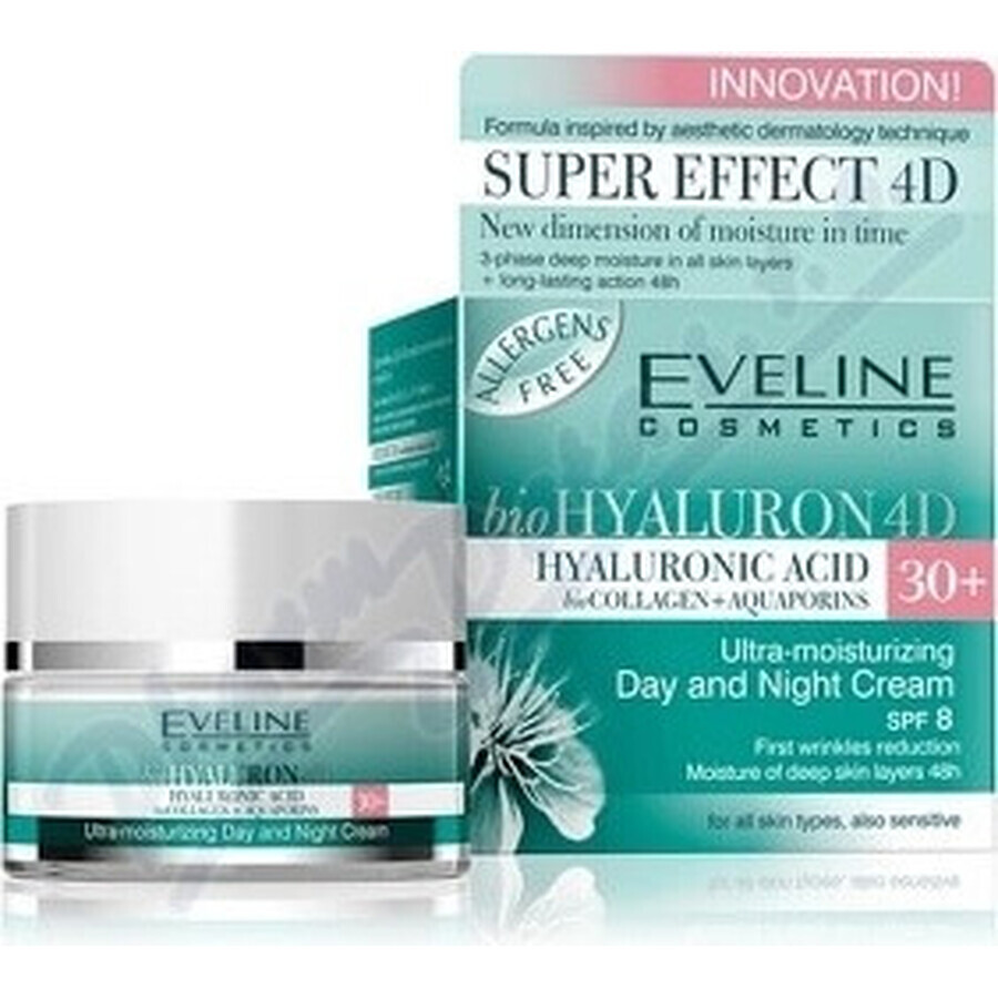 Eveline Hyaluron Clinic Crema de Día y Noche 30+ 1×50 ml, crema profundamente hidratante para las primeras arrugas