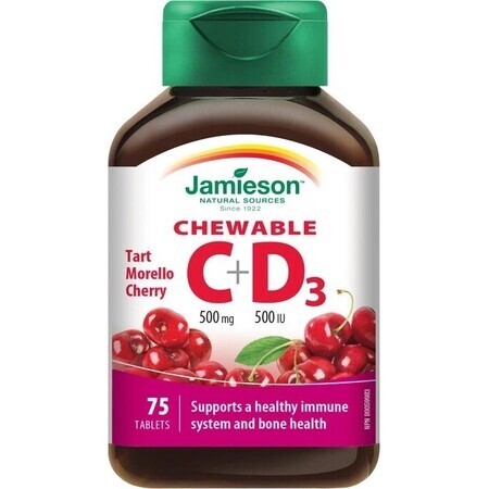 JAMIESON VITAMINS C and D3 cherries 500 mg/ 500 IU 1×75 tbl, VITAMINS C and D3, cherries