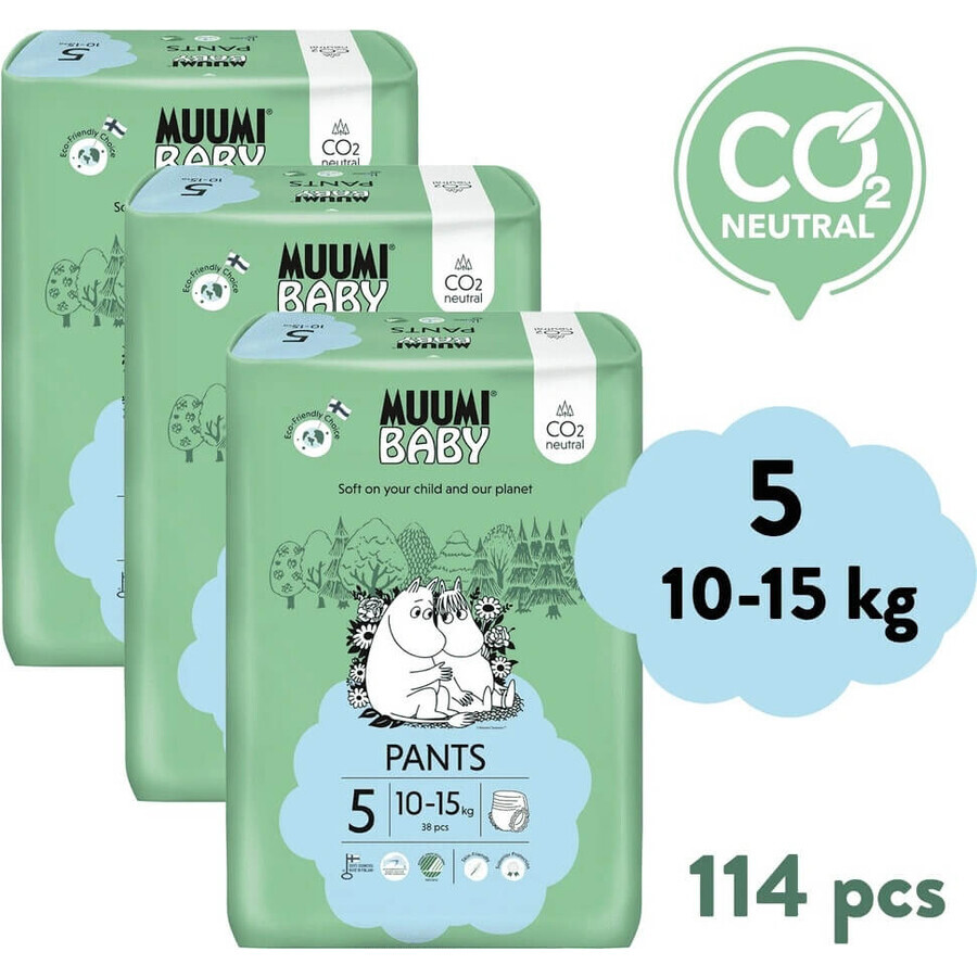 Muumi Baby Pants 5 Maxi+ 10-15 kg, monthly pack of eco diaper pants 1×114pcs, eco diaper pants