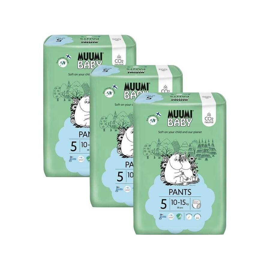 Muumi Baby Pants 5 Maxi+ 10-15 kg, monthly pack of eco diaper pants 1×114pcs, eco diaper pants