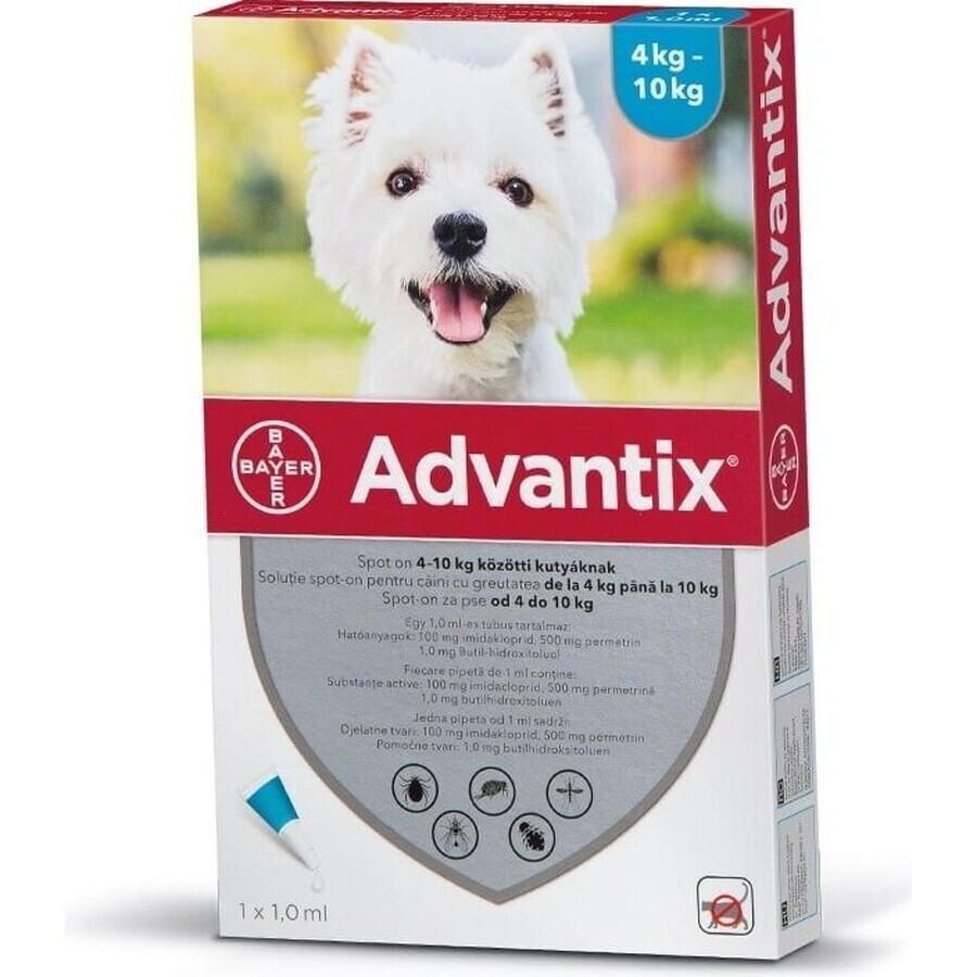 Advantix Spot-on pentru câini de la 4 la 10 kg (4 pipete) 4x1 ml