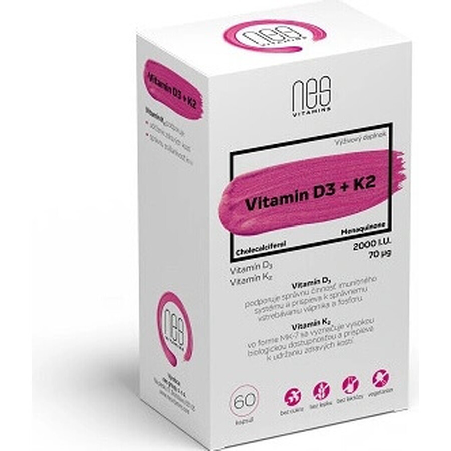 nesVITAMINS Vitamine D3 2000 U.I. + K2 70 μg 1×60 cps, complément alimentaire