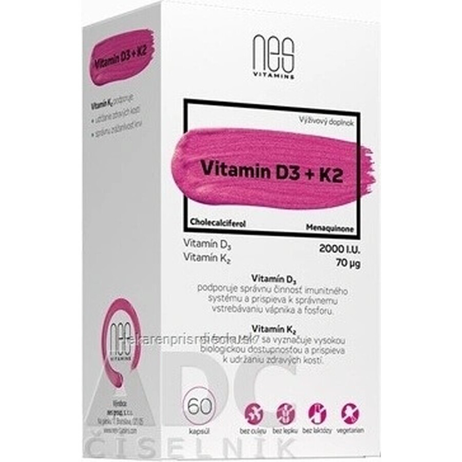 nesVITAMINS Vitamine D3 2000 U.I. + K2 70 μg 1×60 cps, complément alimentaire