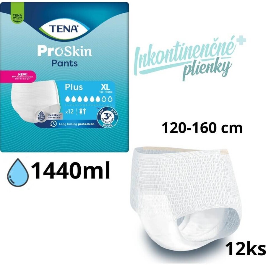 TENA PANTS PLUS EXTRA LARGE 1×12 buc, chiloți absorbanți extensibili, absorbție 1440 ml, circumferința șoldului 120-160 cm