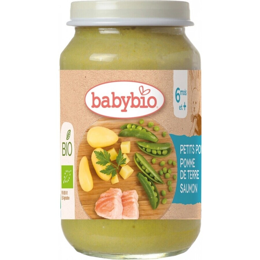 BABYBIO mazăre și cartofi bio cu somon 1×200 g, garnitură de legume bio