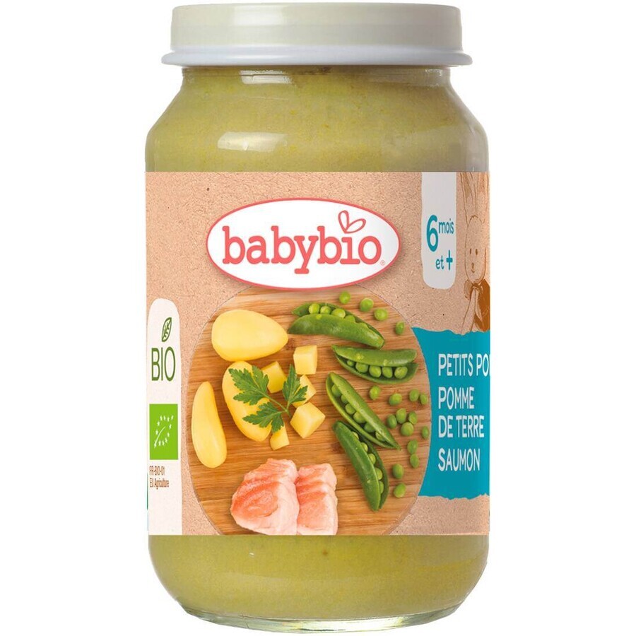 BABYBIO mazăre și cartofi bio cu somon 1×200 g, garnitură de legume bio