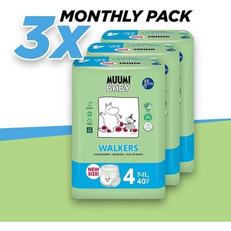 Muumi Baby Pants 4 Maxi 7-11 kg, monthly eco diaper pack 1×120pcs, eco diaper pants