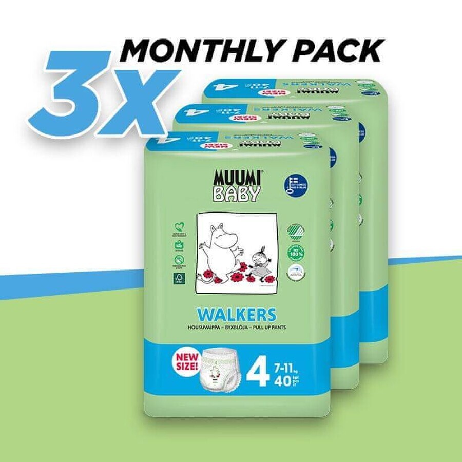 Muumi Baby Pants 4 Maxi 7-11 kg, monthly eco diaper pack 1×120pcs, eco diaper pants