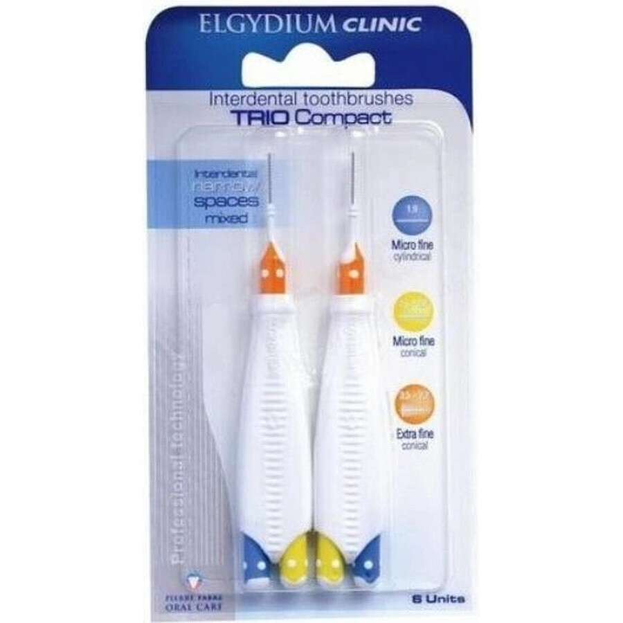 ELGYDIUM CLINIC Trio COMPACT - TRIO 2 interdental brushes in holder (2x blue 1,9 mm+2x blue 2,5-2,2 mm+2x yellow 2,5-2,2 mm+2x orange 3,5-2,7 mm) 6 pcs, 1x1 set