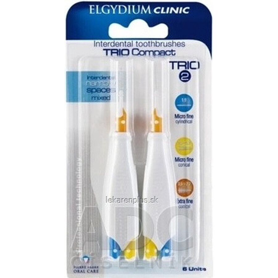 ELGYDIUM CLINIC Trio COMPACT - TRIO 2 interdental brushes in holder (2x blue 1,9 mm+2x blue 2,5-2,2 mm+2x yellow 2,5-2,2 mm+2x orange 3,5-2,7 mm) 6 pcs, 1x1 set