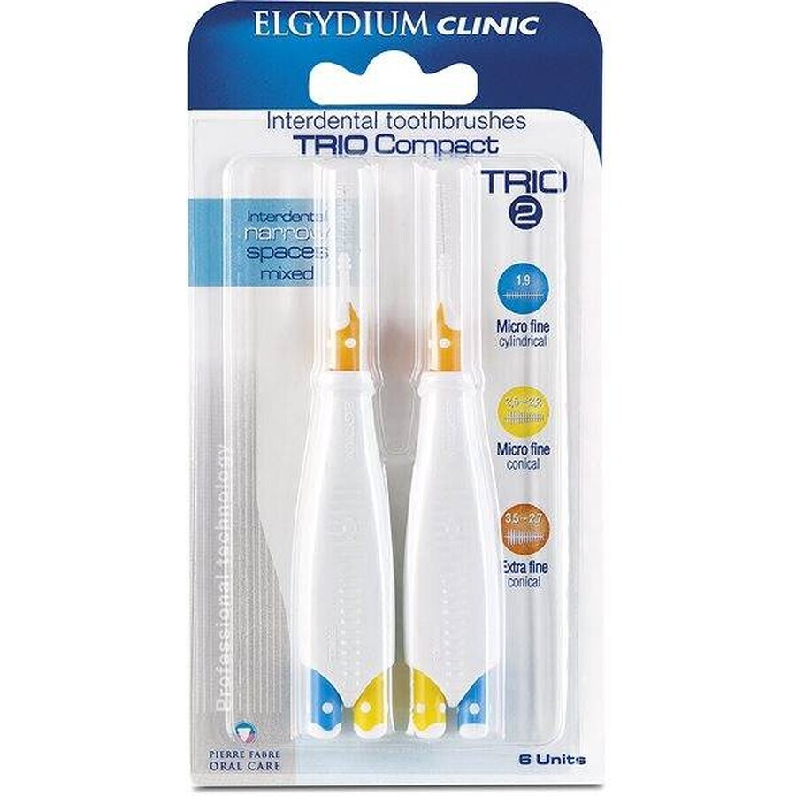 ELGYDIUM CLINIC Trio COMPACT - TRIO 2 interdental brushes in holder (2x blue 1,9 mm+2x blue 2,5-2,2 mm+2x yellow 2,5-2,2 mm+2x orange 3,5-2,7 mm) 6 pcs, 1x1 set