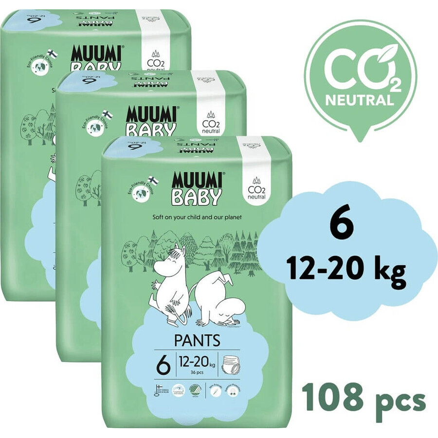 Muumi Baby Pants 6 Junior 12-20 kg, Monatspackung Öko-Windelhosen 1×108 Stück, Öko-Windelhosen