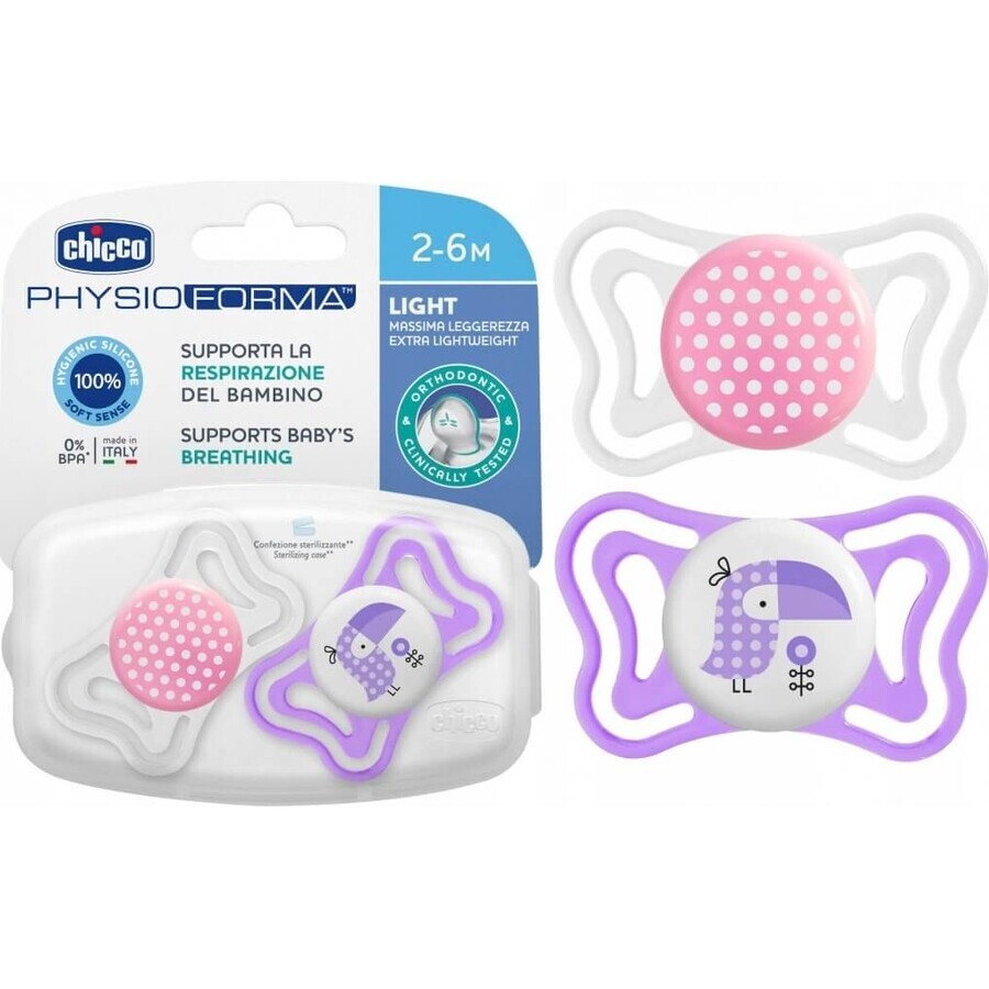 Chicco Soother Physio Light Silicone Soother 6-16m+, Pink 2pcs 1×2 pcs, Soothing Soother (6-16m.+)