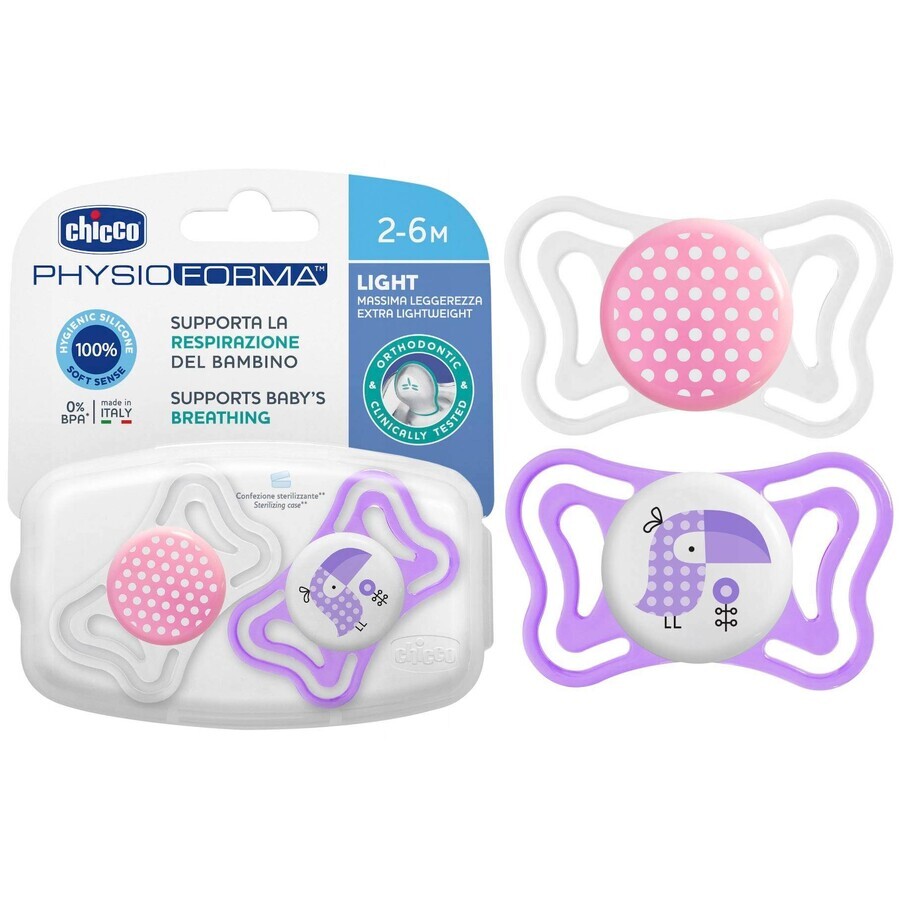 Chicco Soother Physio Light Silicone Soother 6-16m+, Pink 2pcs 1×2 pcs, Soothing Soother (6-16m.+)