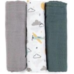 PETITE&MARS Set de Pañales de Muselina de Bambú 3pcs Moussy Gris Planes, 68 x 68 cm 1×3 pcs, set de pañales