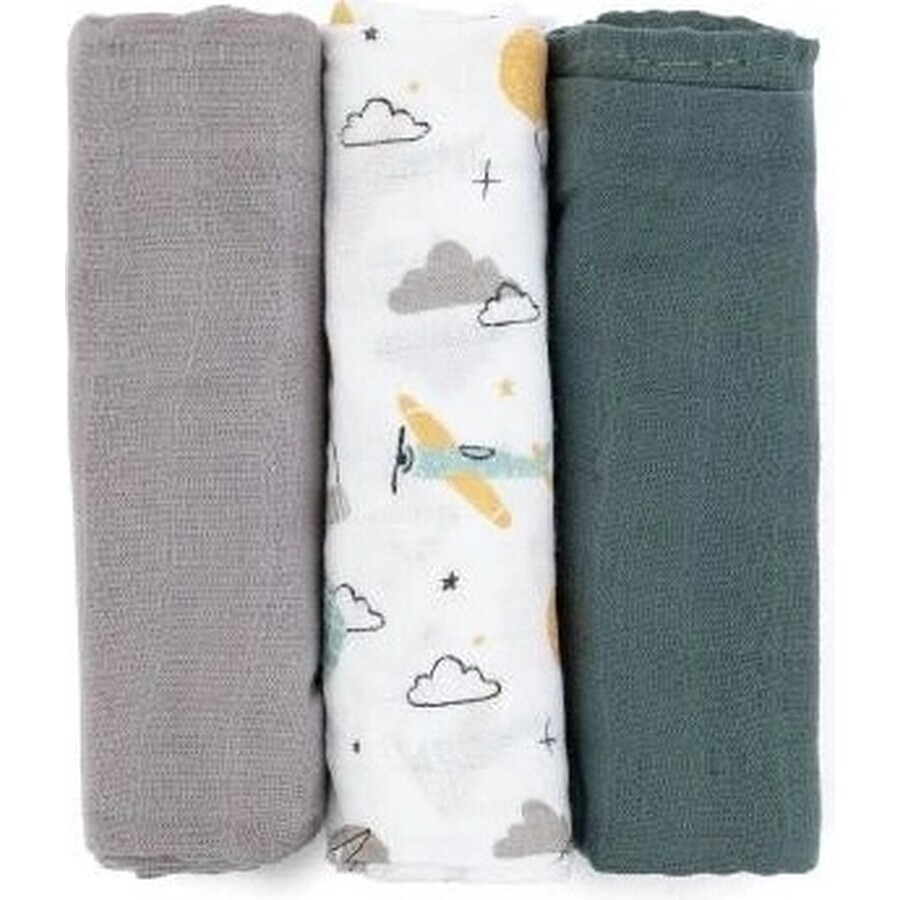 PETITE&MARS Set de Pañales de Muselina de Bambú 3pcs Moussy Gris Planes, 68 x 68 cm 1×3 pcs, set de pañales