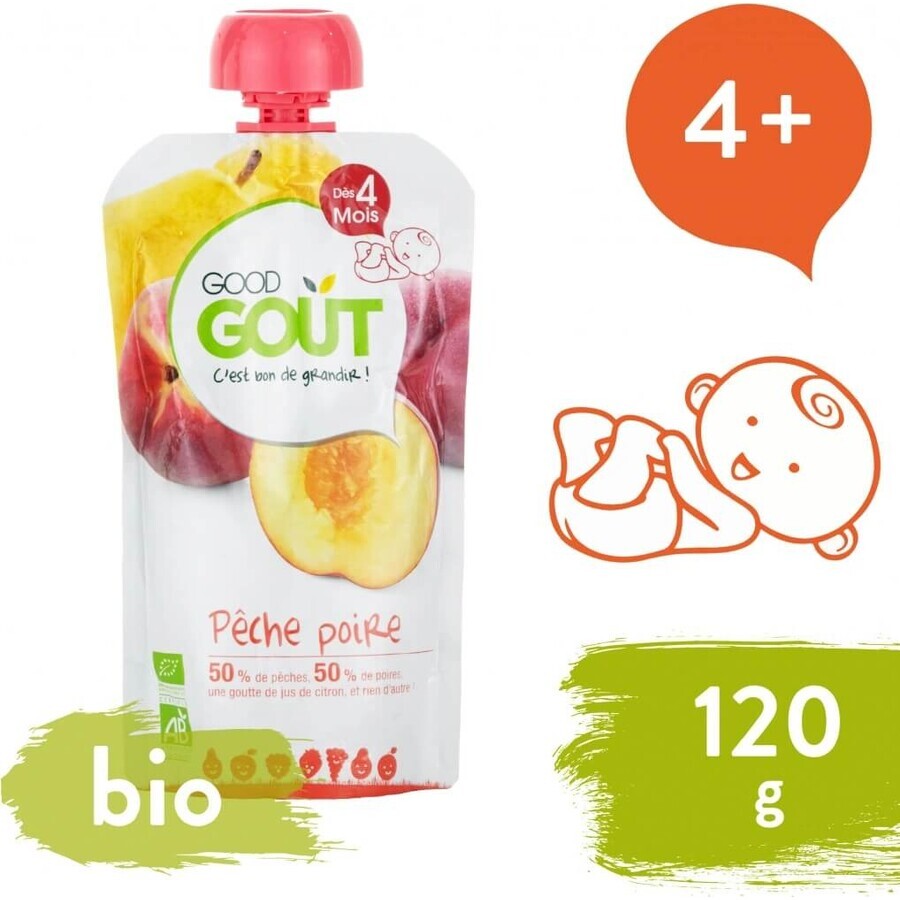 Good Gout Organic Pêche avec poire 1×120 g, poche pêche avec poire