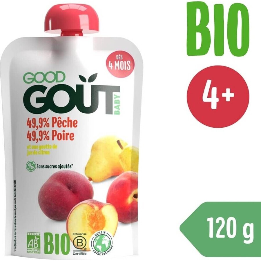 Good Gout Organic Pêche avec poire 1×120 g, poche pêche avec poire