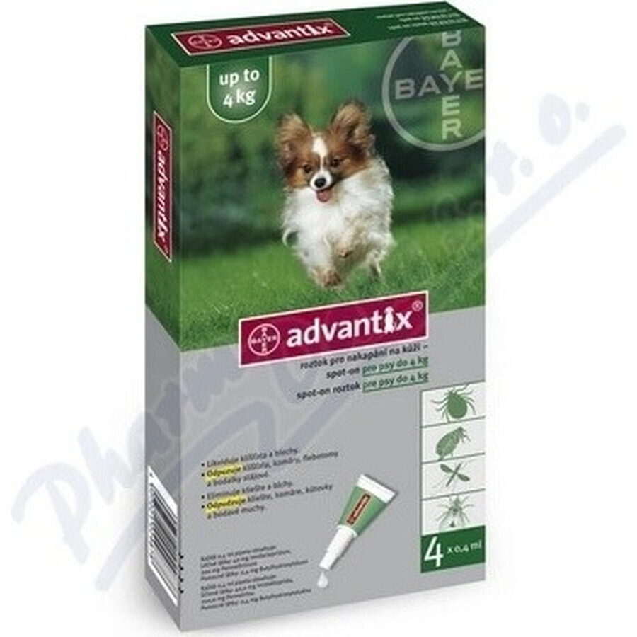 Advantix Spot-on voor honden tot 4 kg 4×0,4 ml, pipet