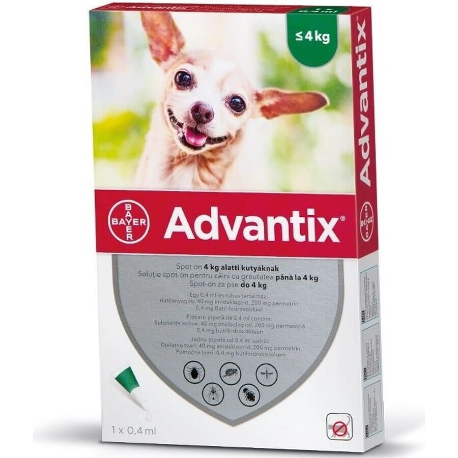 Advantix Spot-on voor honden tot 4 kg 4×0,4 ml, pipet