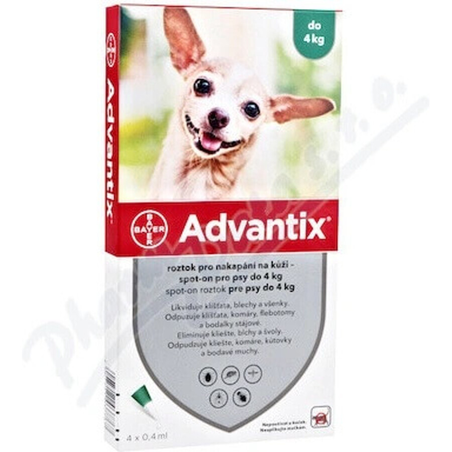 Advantix Spot-on voor honden tot 4 kg 4×0,4 ml, pipet