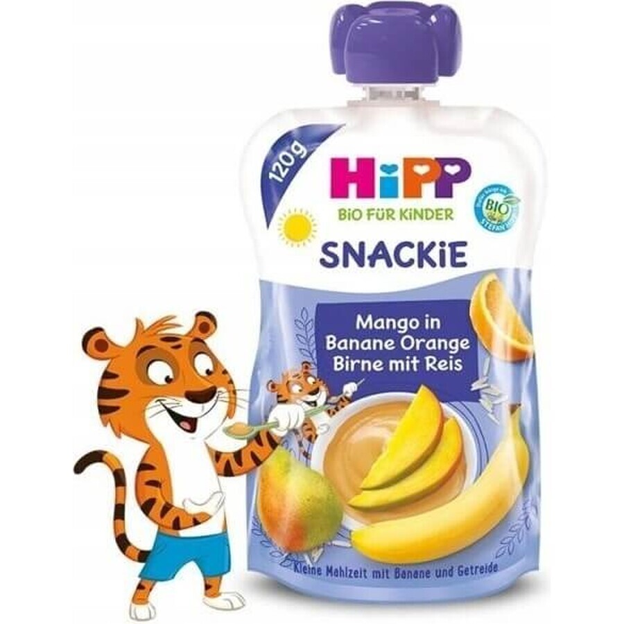 HiPP BIO KINDER Plátano Naranja Pera Mango Pera Arroz 1×120 g, fruta y cereales, 12m+