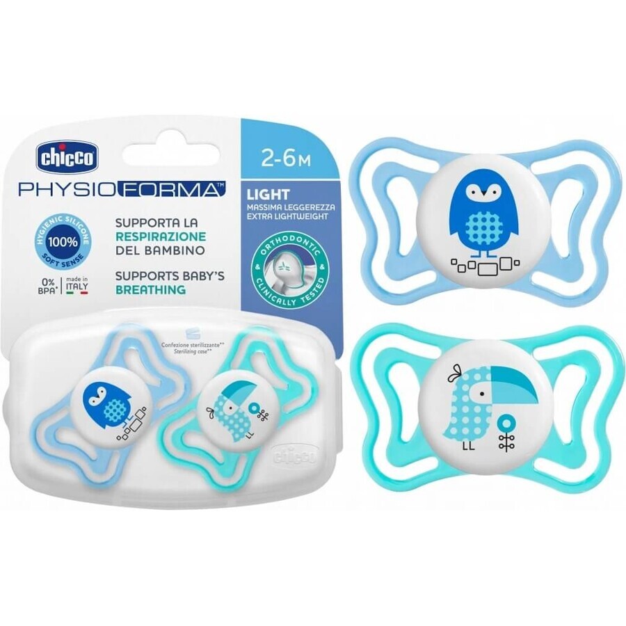 Chicco Succhietto Succhietto Physio Light in silicone 6-16m+, Blu 2 pezzi 1×2 pezzi, Succhietto (6-16m.+)