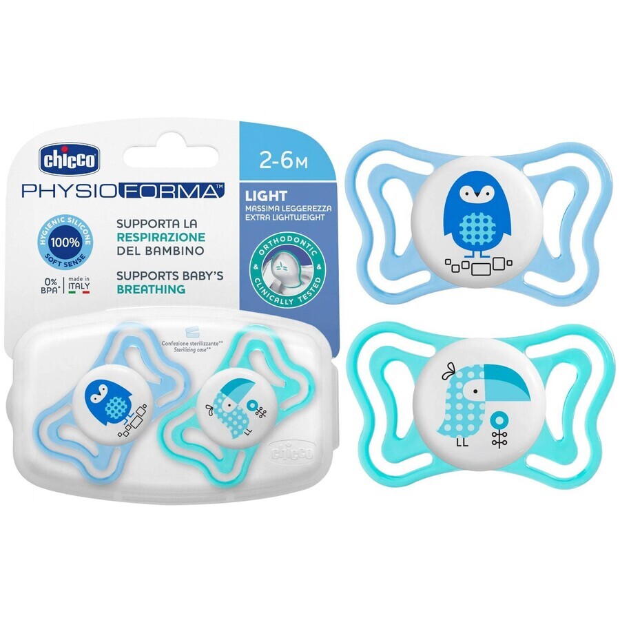 Chicco Succhietto Succhietto Physio Light in silicone 6-16m+, Blu 2 pezzi 1×2 pezzi, Succhietto (6-16m.+)