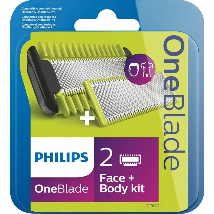 Philips OneBlade QP624/50 360 lame di ricambio per viso e corpo + pettine per il corpo e accessorio intimo 1×1 pz, lame di ricambio