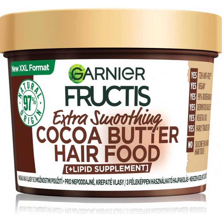 Garnier Fructis Fructis Hair Food Maschera lisciante al burro di cacao per capelli ribelli e crespi, 400 ml 1×400 ml, maschera per capelli