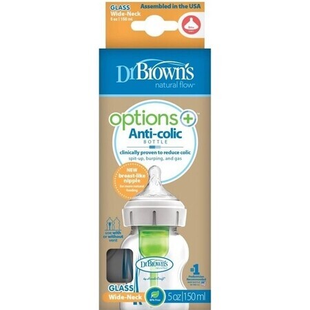 BOTTIGLIA PER BAMBINI Dr.BROWN'S OPTIONS+ 150 ml 1×1 pz, con collo largo, 0M+, anticolica, vetro, bianco