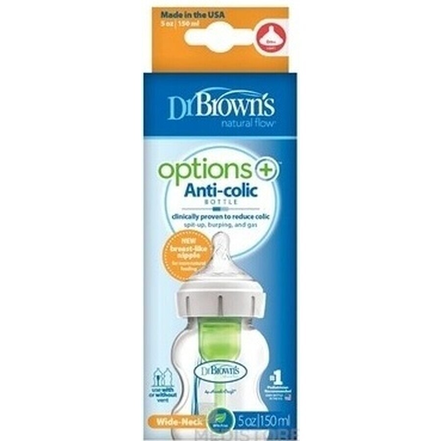 BOTTIGLIA PER BAMBINI Dr.BROWN'S OPTIONS+ 150 ml 1×1 pz, con collo largo, 0M+, anticolica, vetro, bianco