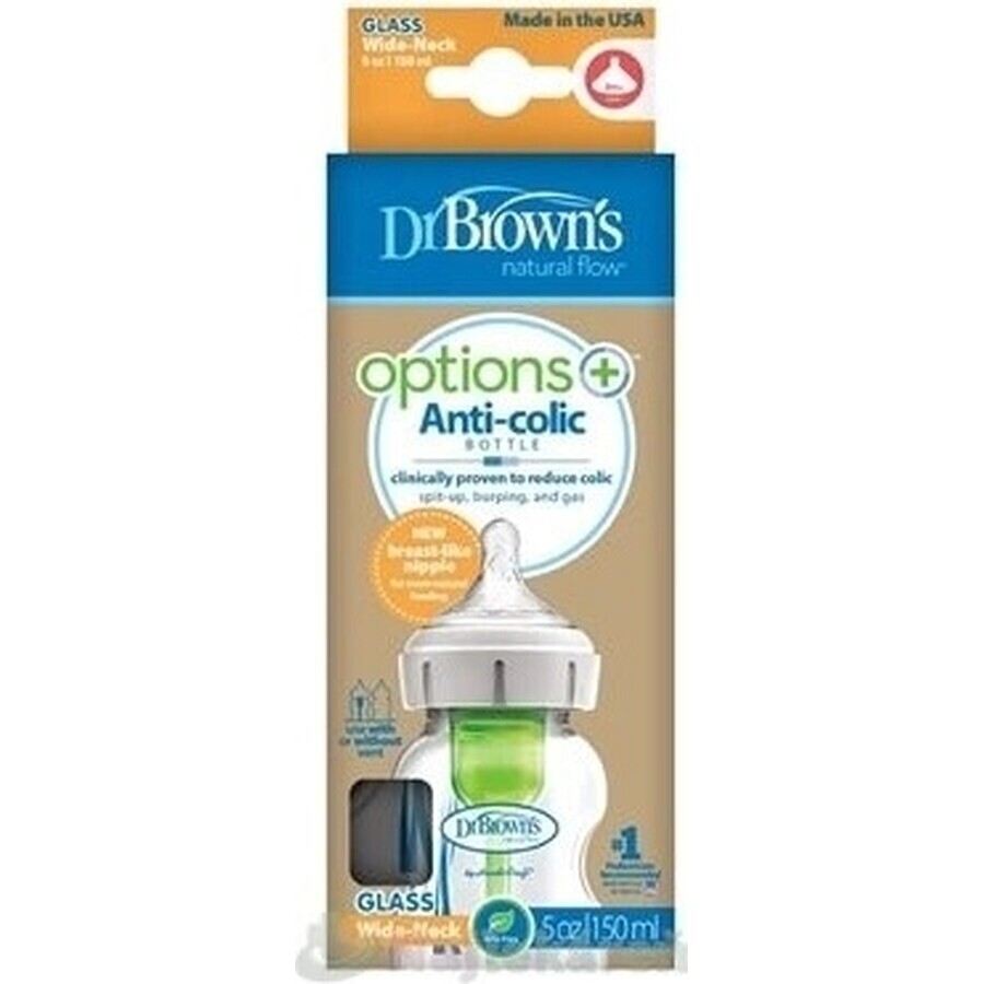 BOTTIGLIA PER BAMBINI Dr.BROWN'S OPTIONS+ 150 ml 1×1 pz, con collo largo, 0M+, anticolica, vetro, bianco