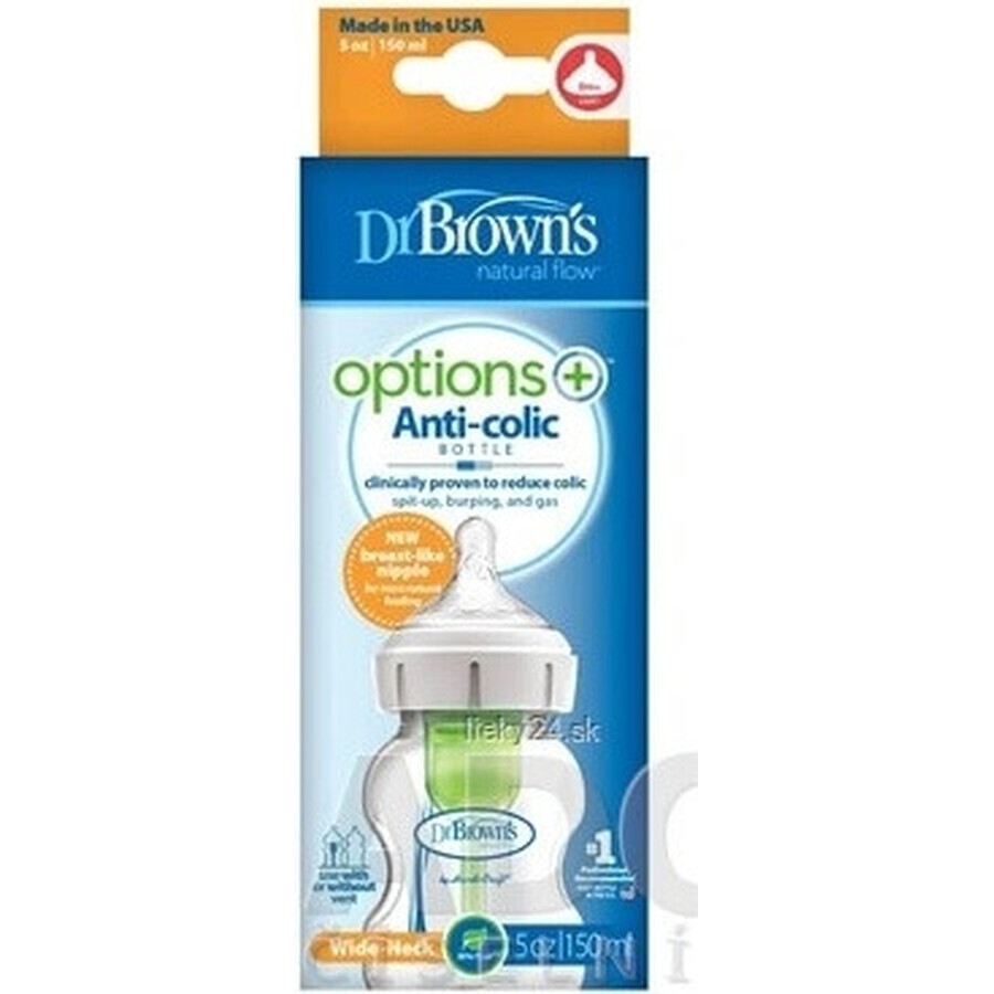 BOTTIGLIA PER BAMBINI Dr.BROWN'S OPTIONS+ 150 ml 1×1 pz, con collo largo, 0M+, anticolica, vetro, bianco