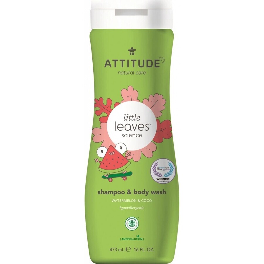 ATTITUDE Baby Körperseife und Shampoo (2 in 1) Kleine Blätter mit Melonen- und Kokosnussgeschmack 1×473 ml, Körperseife und Shampoo für Kinder