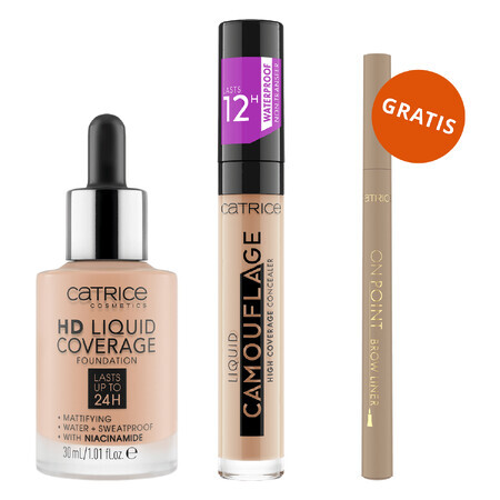 Set Catrice HD Liquid Coverage Foundation 24H, fondotinta a copertura liquida, 020 Rose Beige, 30 ml + correttore liquido, 020 Light Beige, 5 ml + matita per sopracciglia in omaggio