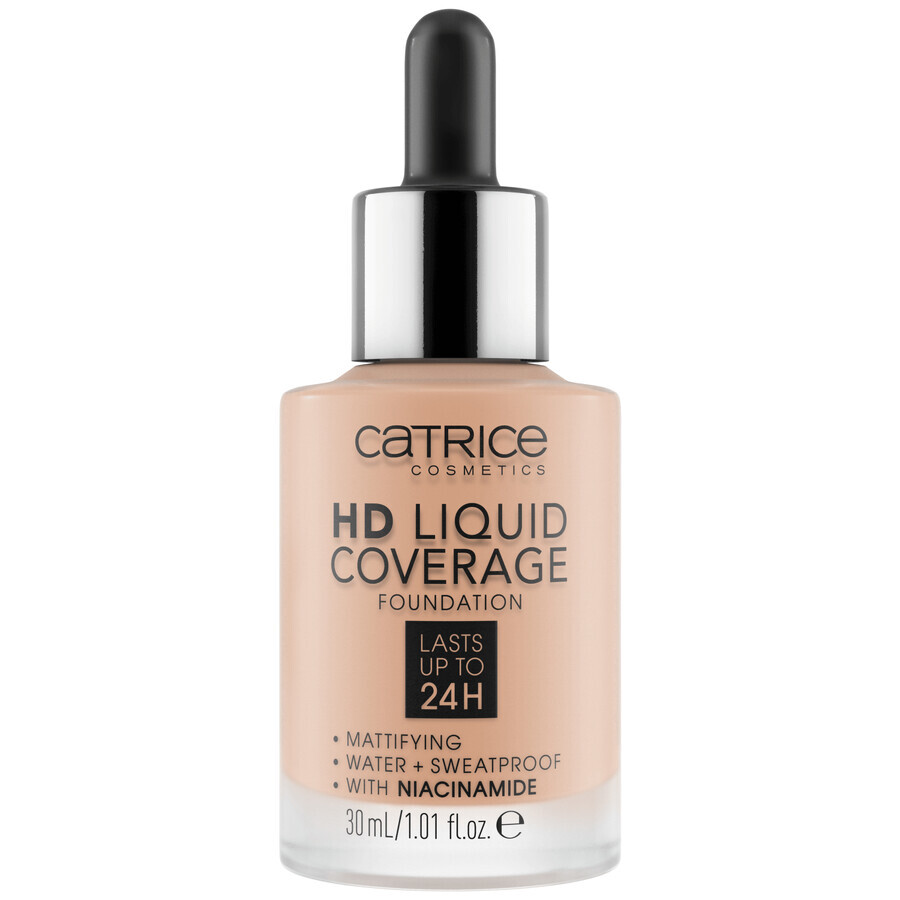 Set Catrice HD Liquid Coverage Foundation 24H, fondotinta a copertura liquida, 020 Rose Beige, 30 ml + correttore liquido, 020 Light Beige, 5 ml + matita per sopracciglia in omaggio