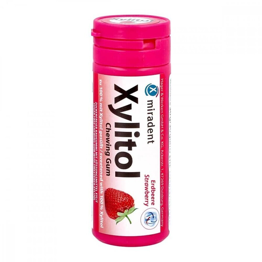 Miradent Xylitol, gomma da masticare allo xilitolo per bambini, gusto fragola, 30 pezzi