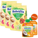 BoboVita Porridge manna set, 3 frutti, senza latte, dopo 6 mesi, 3 x 180 g + mousse in tubo, banana con mango e cocco, 2 x 80 g gratis